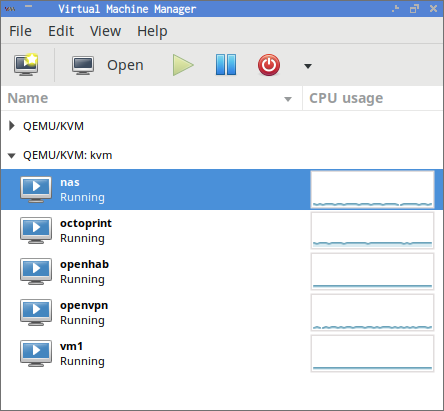 virt-manager connected to my KVM virtual machine host