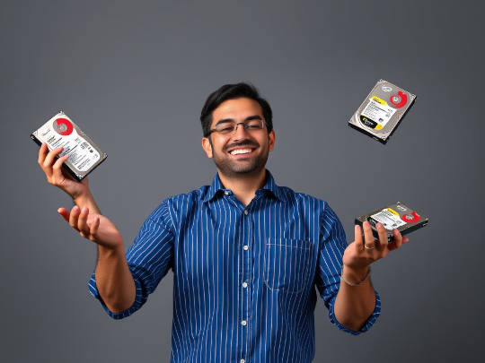 AI Man Juggling Hard Drives