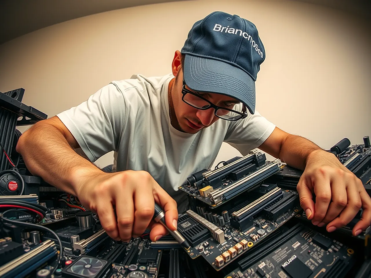 AI's concept of Brian rummaging through motherboards, looking for the ideal DIY NAS motherboard!