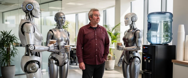 AI image of Pat and his robot friends