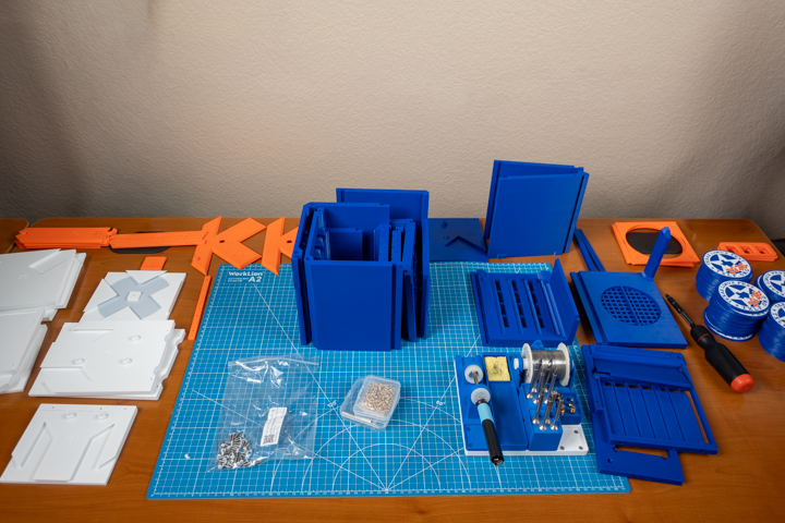 All the case's 3D-printed parts and hardware.